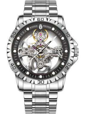 Men's Black Skeleton Automatic Mechanical Stainless Steel Bracelet Wrist Watch